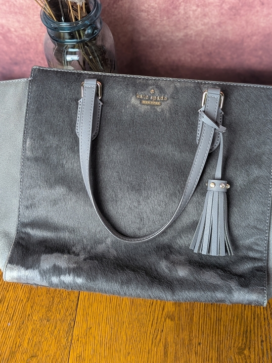 kate spade Handbags - Kate Spade New York Gray Haircalf & Leather Large Tote Bag Tassel Purse